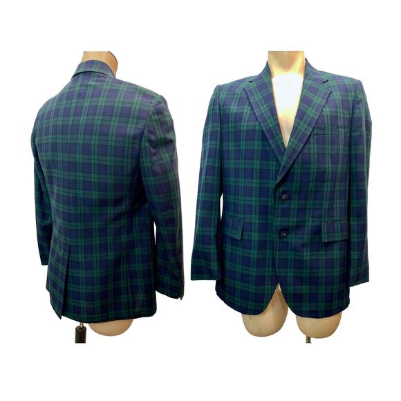 80s Anderson-Little New Englander Blue & Green Plaid Blazer | Sportcoat - Picture 2 of 10